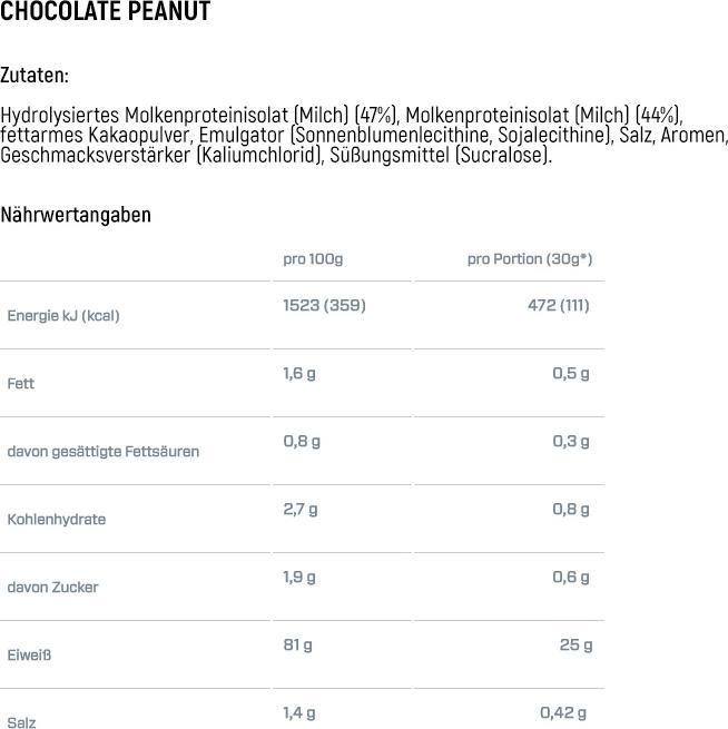 Valori nutrizionali e ingredienti Dymatize ISO 100 Idrolizzato (Cioccolato, Arachide, 1 pz., 2264 g)