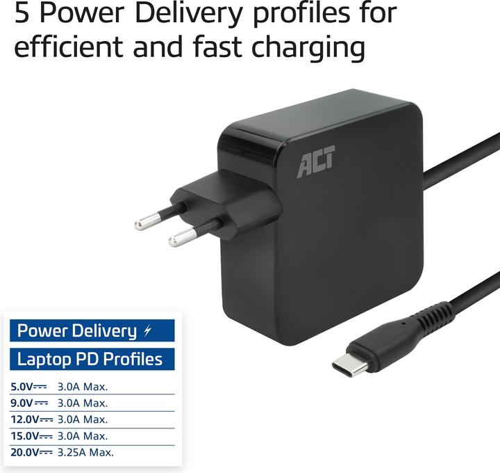 Produktbild USB-C laptop wall charger 65W with Power Delivery profiles, 2 meters (65 W)