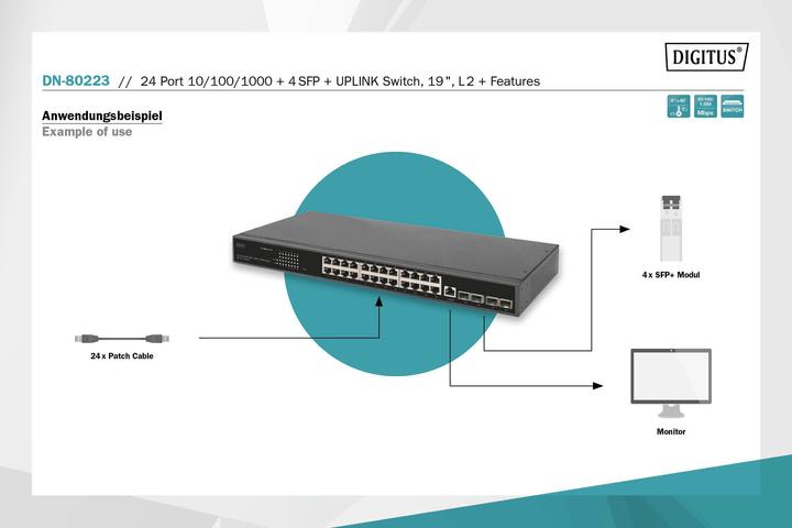 Produktbild Digitus 24 Port 10/100/1000 + 4SFP+ UPLINK Switch, 19", L2+ Features (24 Ports)