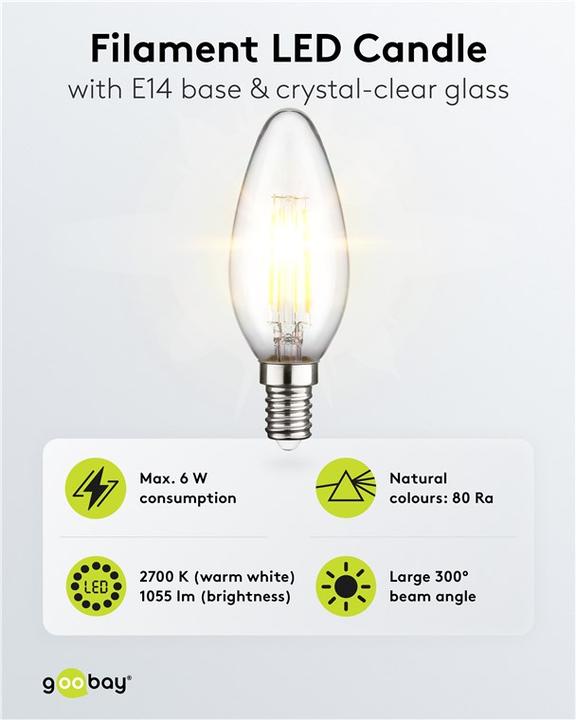 Image du produit Goobay Bougie LED à filaments, 6 W (E14, 6 W, 1055 lm, 1 x, C)