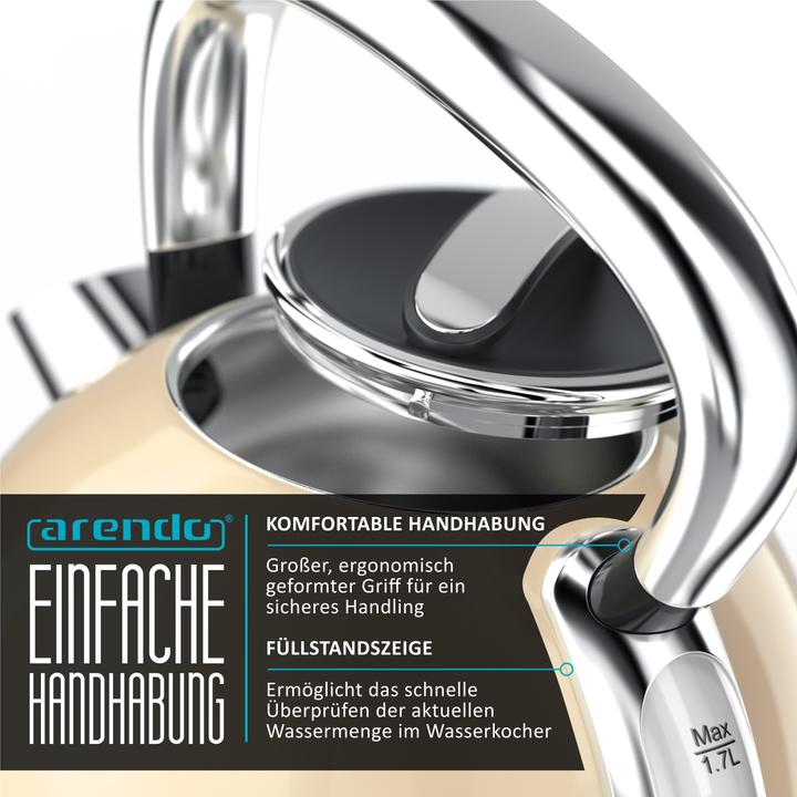 Actual product image Arendo Kettle 1.7 l, 2200 W, stainless steel, retro style, vintage, overheat & dry boil protection, beige (1.70 l)
