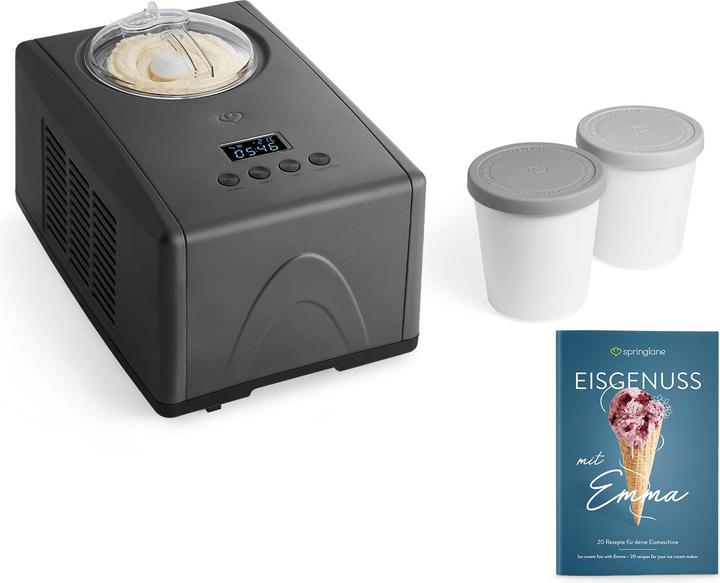 Deckel mit Einfüllöffnung, Messbecher, Portionierlöffel, Edelstahl Eisbehälter, Eisportionierer, Rezeptheft, 2 Aufbewahrungsbehälter, Bedienungsanleitung mit Rezepten, Rührteil, Kunststoffspatel, Eisbehälter, Eismaschine mit Kompressor