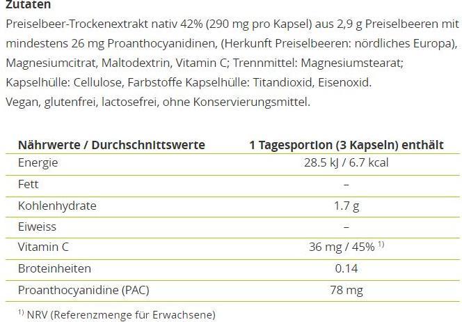 Valori nutrizionali e ingredienti Alpinamed Capsule di mirtillo rosso (1 Pezzo/i, Pillole, 120 g)