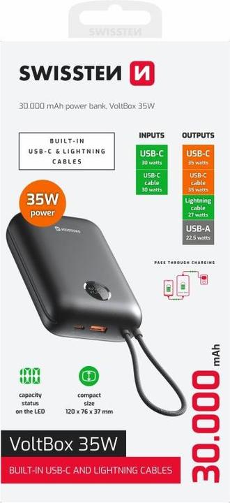 Immagine prodotto Swissten Power Bank Voltbox 35w 30000 Mah with Built-In Cables USB-C and Lightning Black (30000 mAh, 35 W, 35 Wh)