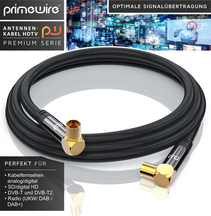 Actual product image Primewire Antenna Cable 90° Angled | HDTV Premium Coaxial Cable 135dB / 75 Ohm | FullHD / 4k Ultra HD (85 dB, Antenna cable)