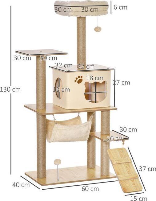 Image du produit Swisshandel24 Arbre à chat Arbre à chats Arbre à grimper en bois avec niche pour chats Tiges de jute Grande (130 cm, Jaune)