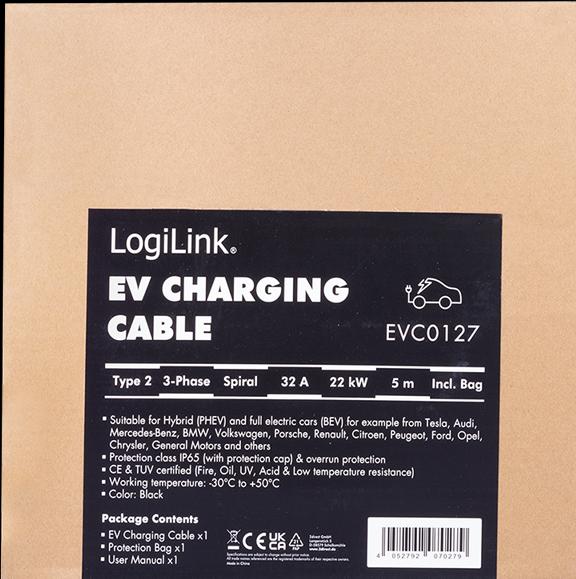 Produktbild LogiLink E-Auto-Ladekabel (Typ 2, 22 kW, 32 A, 5 m)