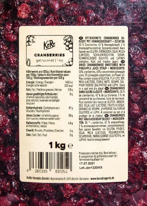 Nährwerte und Zutaten KoRo Cranberries ohne Zuckerzusatz (1000g) (1000 g)