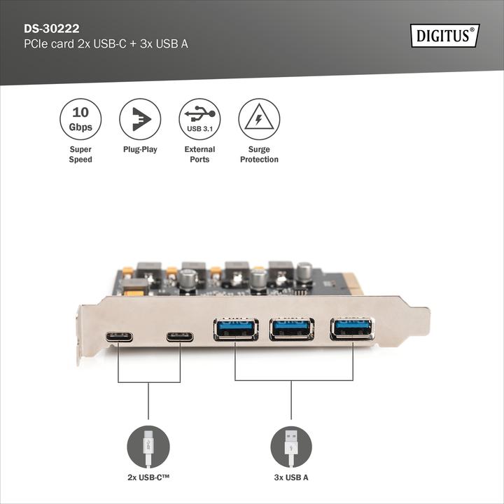 Actual product image Digitus PCIe card 2x USB-C + 3x USB A