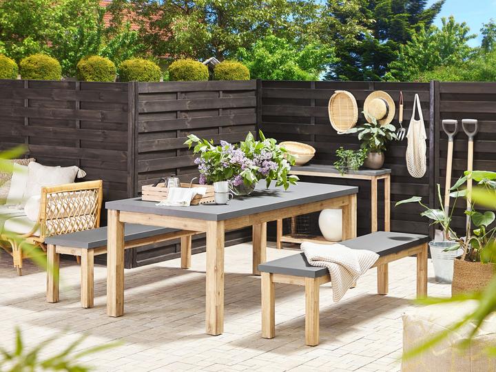 Immagine prodotto Beliani Set di mobili da giardino Tavolo in cemento/legno d'acacia grigio con 2 panche OSTUNI (180 cm)