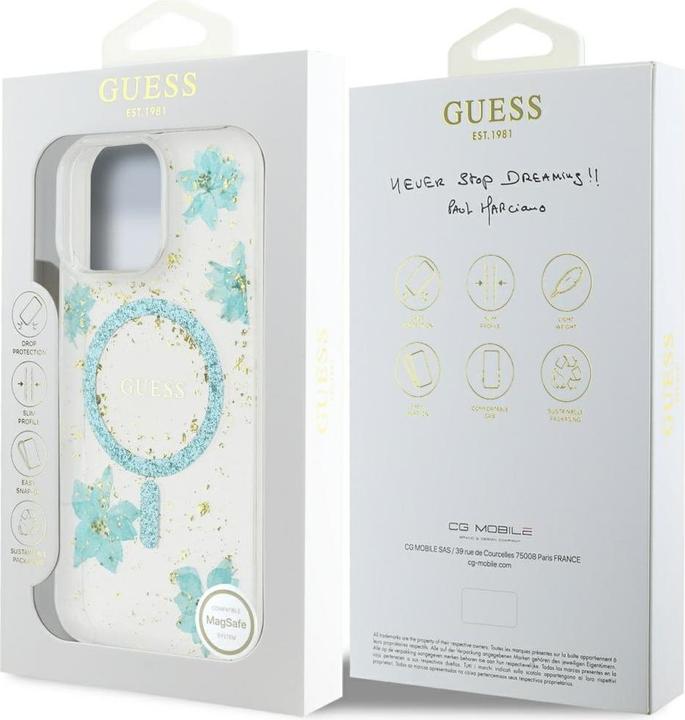 Immagine prodotto Guess Case Resin Flowers Glitter MagSafe for iPhone 16 Pro Max turquoise (Apple iPhone 16 Pro Max)