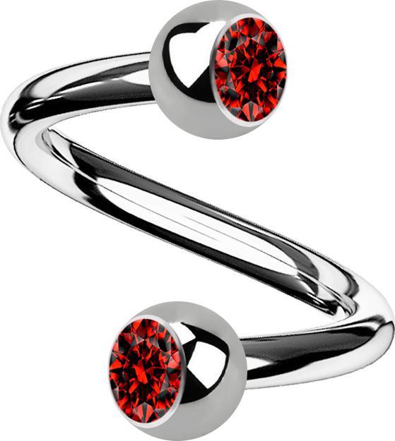 Star Piercing Micro Spirale silber mit zwei Kugeln Kristall rot (Titan G23, ohne Messing)