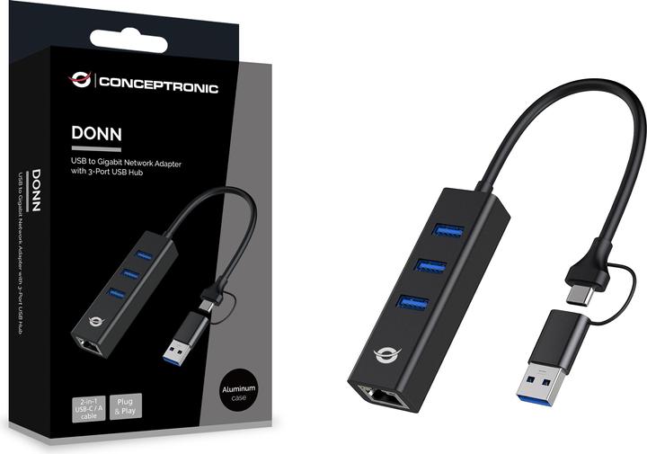 Actual product image Conceptronic Adapter USB3.0-> RJ45,3xUSB3.0,TypeC Ad 0.15m bw (USB-A, USB-C, 3 Ports)