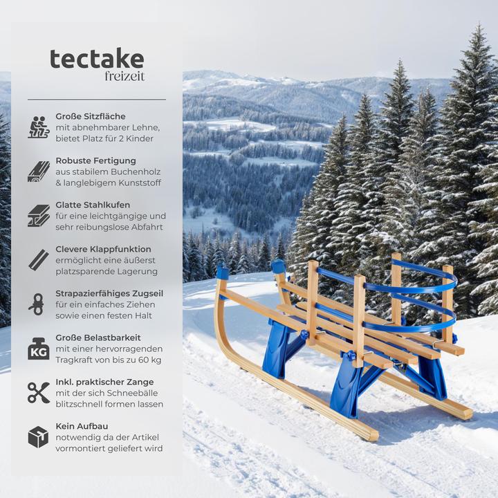 Immagine prodotto tectake Holzschlitten Vivian, klappbar mit Rückenlehne und Zugseil