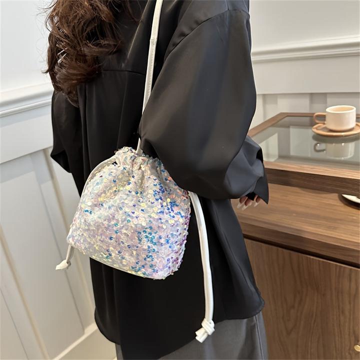 Actual product image Only-Bags.Store Colourful sparkle glitter sequins lightweight bucket bag, stylish street commuter style soft