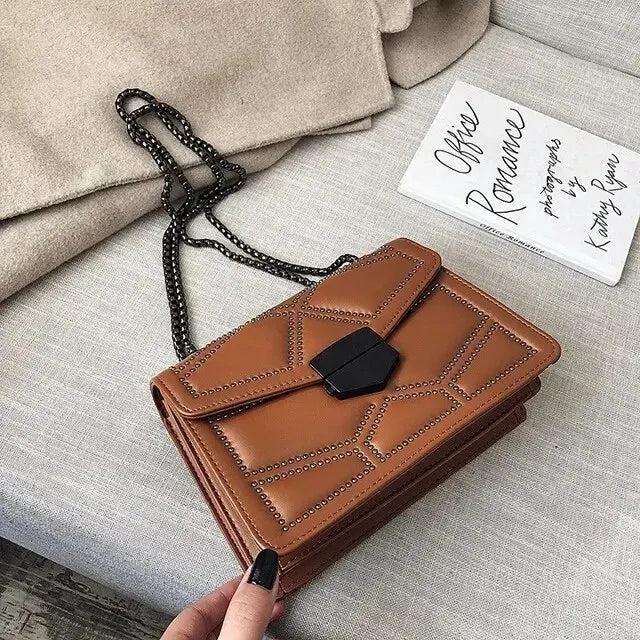 Actual product image Only-Bags.Store Vintage Studded Chain Small Shoulder Bags Flap PU Leather Fashion Small Square Crossbody Bag