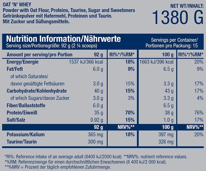 Nährwerte und Zutaten Scitec Oat N Whey (Vanille, 1 Stk., 1380 g)