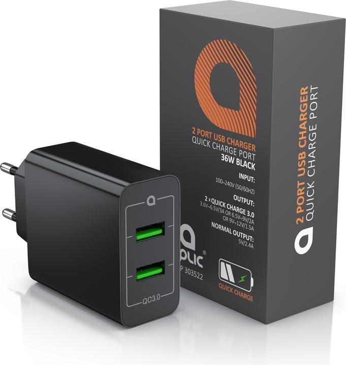 Image du produit Aplic Chargeur USB, chargeur USB Quick Charge à 2 ports 36 W / 6000 mA / fonction de charge rapide, noir (36 W)