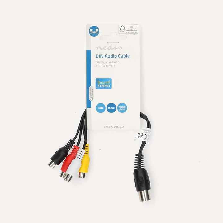 Actual product image Nedis DIN audio cable | DIN 5-pin plug | 4x RCA socket | Nickel-plated | 0.20 m | Round | PVC | Weak (0.20 m)