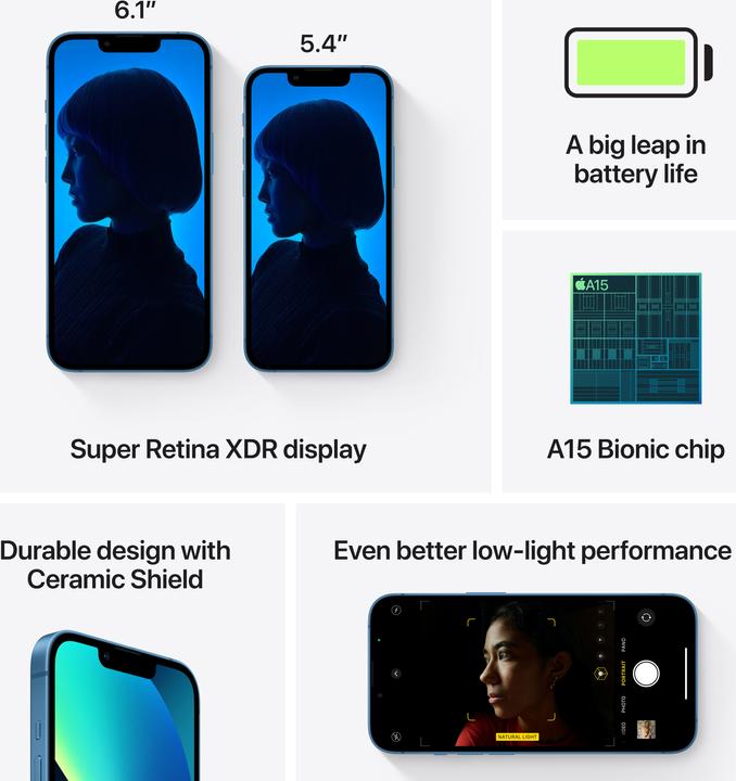 Image du produit Apple iPhone 13 (128 Go, Bleu, 6.10", SIM + eSIM, 12 Mpx, 5G)
