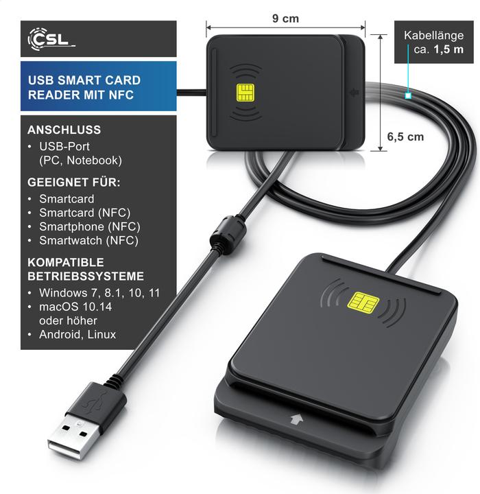 Image du produit CSL Lecteur de carte à puce USB, NFC, ISO 7816/14443, compatible avec Mac OS X & Windows 11, pour carte (USB)
