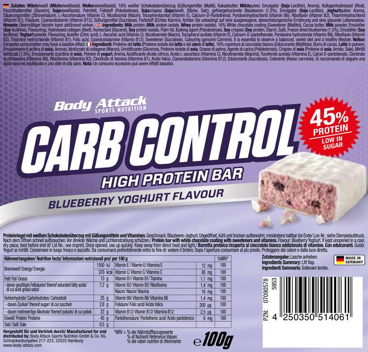 Immagine prodotto Body Attack Carb Control (15 barrette da 100 g) (Dado Crema Torrone, 15 pz., 1500 g)