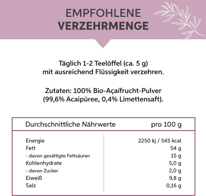Valori nutrizionali e ingredienti Eltabia Polvere di acai biologica in qualità di cibo crudo liofilizzato e puro al 100% senza additivi e (Polvere, 100 g)