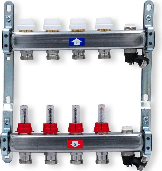 Actual product image Sanpro Underfloor heating manifold stainless steel - Topmeter for 4 heating circuits without set