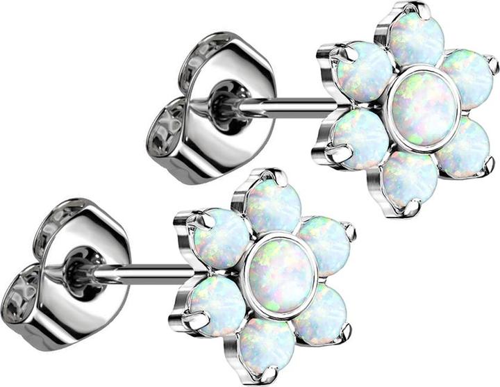 Star Piercing Threadless Ohrstecker silber Blume Opale weiss (Titan G23, ohne Messing)