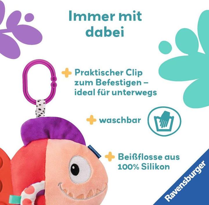 Actual product image Ravensburger 4871 play+ Pop-it Piranha (red), cuddly toy with lots of play effects, baby toy
