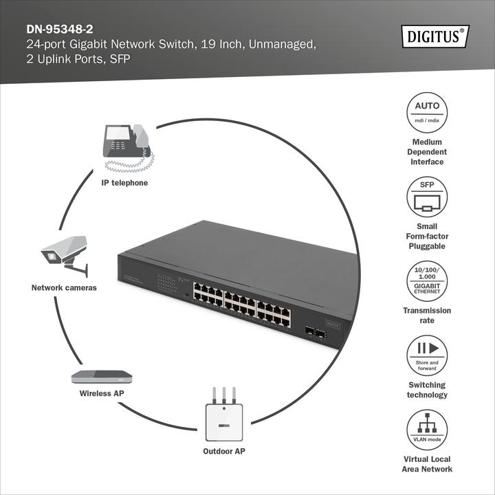 Produktbild Digitus 24-Port Gigabit Netzwerkswitch, 19 Zoll, unmanaged,2 Uplink Ports, SFP (24 Ports)