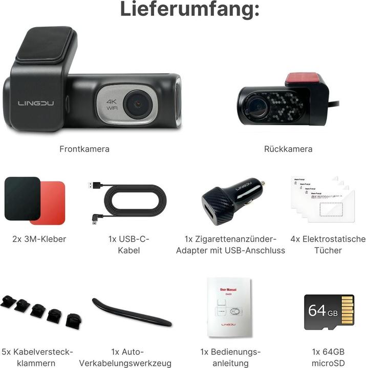 Immagine prodotto Hermex 4K WiFi dual dashcam telecamera frontale auto telecamera di bordo sorveglianza auto (Microfono incorporato, Display integrato, Accumulatore di carica elettrica, Ricevitore GPS, WiFi, 4K)