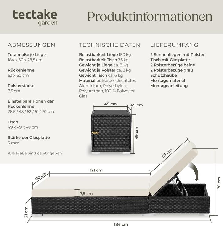 Produktbild tectake 2 Sonnenliegen (184 cm)