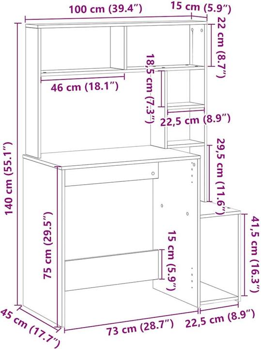 Produktbild VidaXL Schreibtisch mit Regal Räuchereiche 100x45x140 cm Holzwerkstoff (100 x 45 x 140 cm)
