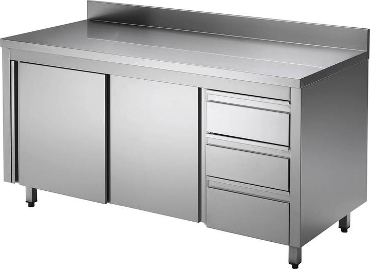 Image du produit Gastro Hero Armoire de travail ECO en inox avec porte battante et tiroirs avec rebord (140 cm, 85 cm)