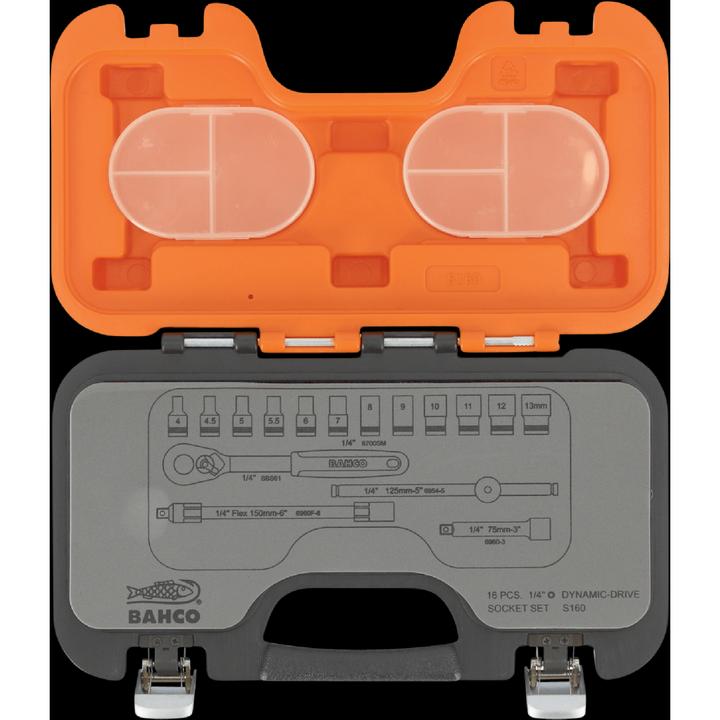 Image du produit Bahco 1/4"-Steckschlüssel-Satz, metrisch, Sechskant, inklusive Umschaltknarre - 16-teilig (13 mm, 8 mm, 10 mm, 4 mm, 11 mm, 7 mm, 12 mm, 6 mm, 9 mm, 5 mm)