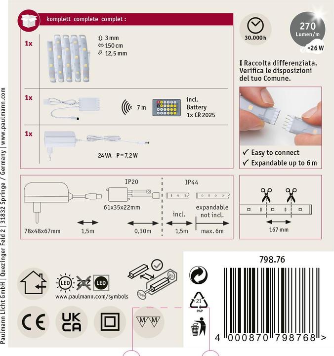 Produktbild Paulmann MaxLED 250 Stripe Set (Neutralweiss, Kaltweiss, Warmweiss, 150 cm, Indoor)