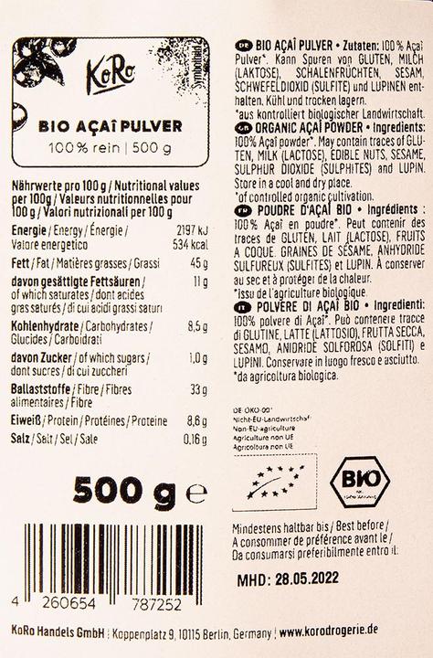 Nutritional values and ingredients KoRo 100% reines Bio Açai Pulver (500g Beutel) (500 g)