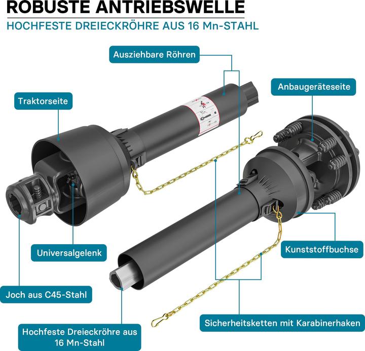 Produktbild Wiltec Zapfwelle T6 Gelenkwelle 1200-1560mm 830Nm 540U/min PTO-Shaft 74kW 1 3/8" 6 Zahn