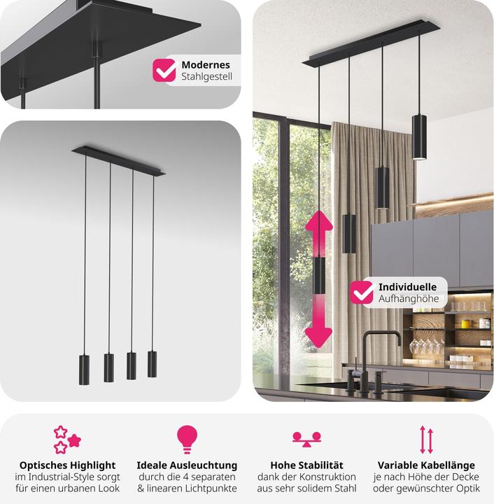 Image du produit tectake Plafonnier Lumea, 4 lampes, câbles réglables en longueur (GU10)
