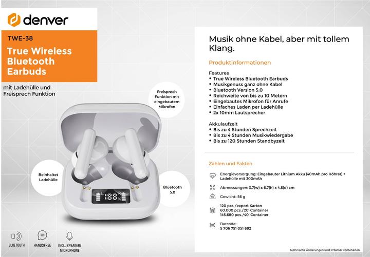 Produktbild Denver TWE-38 (4 h, Kabellos)