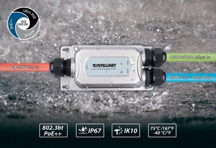 Image du produit Intellinet Injecteur Outdoor Gigabit Ultra PoE avec protection anti-vandalisme (802,3bt (PoE+++), 802,3at (PoE+), 802.3af (PoE), 60 W)