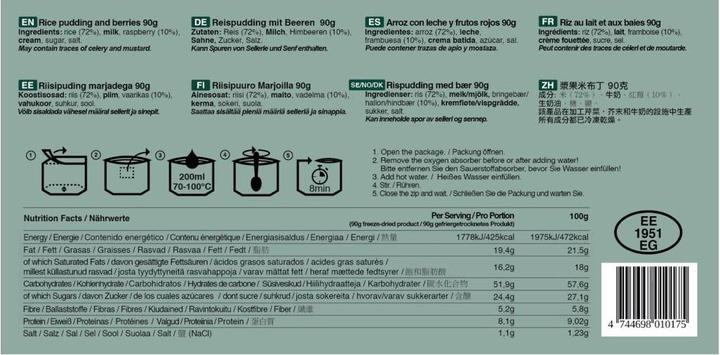 Nutritional values and ingredients Tactical Foodpack Rice Pudding and Berries (90 g)
