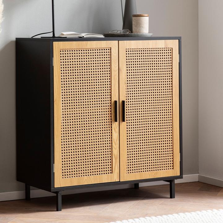 Produktbild FineBuy Sideboard Anrichte 80 cm Kommodenschrank Schwarz mit Wiener Geflecht (80 x 40 x 87 cm)