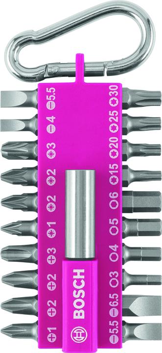 Actual product image Bosch Zubehör Screwdriver bit set with snap-hook (pink), 21 pieces (Hexagon socket TX M20, Hexagon socket TX M30, Hexagon socket TX M15, Hexagon socket TX M25, Cross Phillips PH M1, Cross Phillips PH M2, Cross Pozidriv PZ M1, Cross Pozidriv PZ M2, Cross Phillips PH M3, Cross Pozidriv PZ M3)