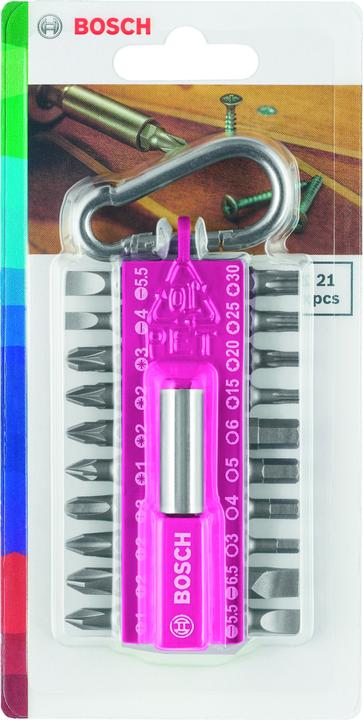 Actual product image Bosch Zubehör Screwdriver bit set with snap-hook (pink), 21 pieces (Hexagon socket TX M20, Hexagon socket TX M30, Hexagon socket TX M15, Hexagon socket TX M25, Cross Phillips PH M1, Cross Phillips PH M2, Cross Pozidriv PZ M1, Cross Pozidriv PZ M2, Cross Phillips PH M3, Cross Pozidriv PZ M3)