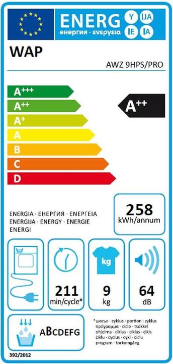 Energie-Label Whirlpool Wäschetrockner AWZ9 HPS Pro Rechts/Wechselbar (9 kg, Wechselbar, Rechts)