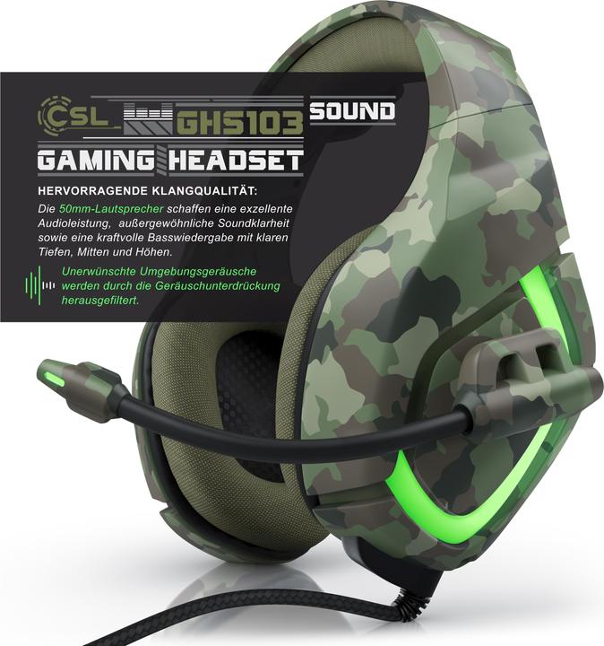 Immagine prodotto CSL Cuffie da gioco, USB "GHS-103" mimetiche con microfono, cuffie over-ear per PC, PS4 / 4 Pro, PS5 (Cablato)