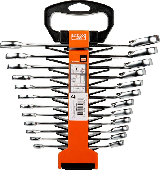 Immagine prodotto Bahco Set di chiavi ad anello metriche a cricchetto - 12 pezzi/supporto in plastica (12 mm, 8 mm, 13 mm, 10 mm, 19 mm, 17 mm, 18 mm, 11 mm, 16 mm, 15 mm, 14 mm, 9 mm)