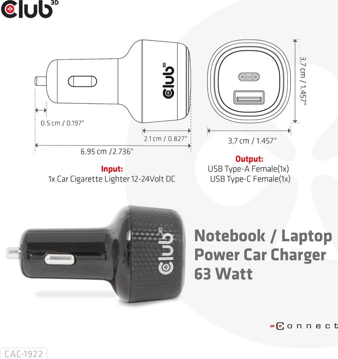 Actual product image Club 3D Club3D USB Car Charger 1xUSB C, 1xUSB A, 63W, 12/24V retail